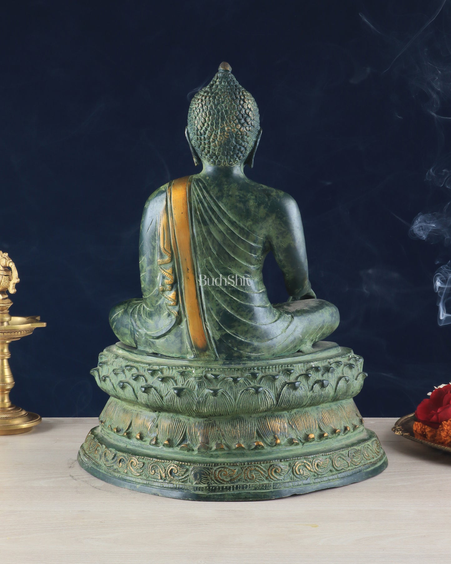 Unique Brass Blessing Buddha Statue in Green Stone Finish – 15 Inches