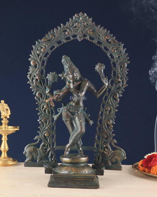 Vintage Brass Lord Krishna Statue with Prabhavali Arch – 18.5 Inches