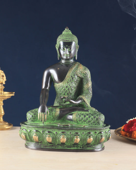 Pure Brass Buddha Sculpture - 13" black and green tone