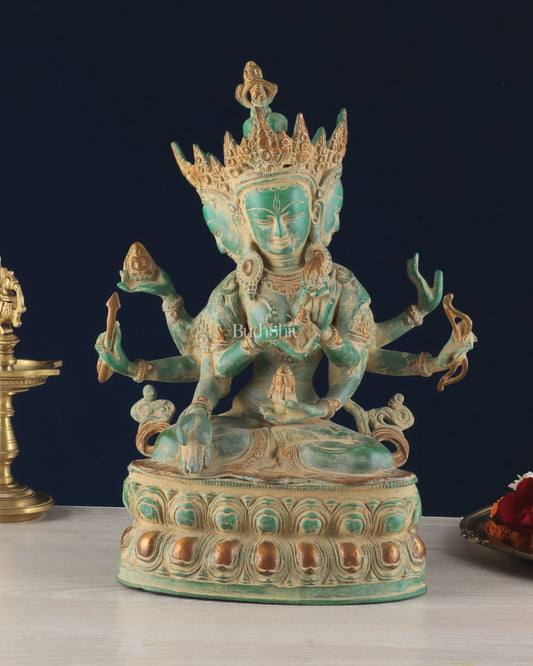 Tibetan Buddhist Deity Ushnishvijaya Brass Statue – Green Sandstone Finish, 5.8 kg