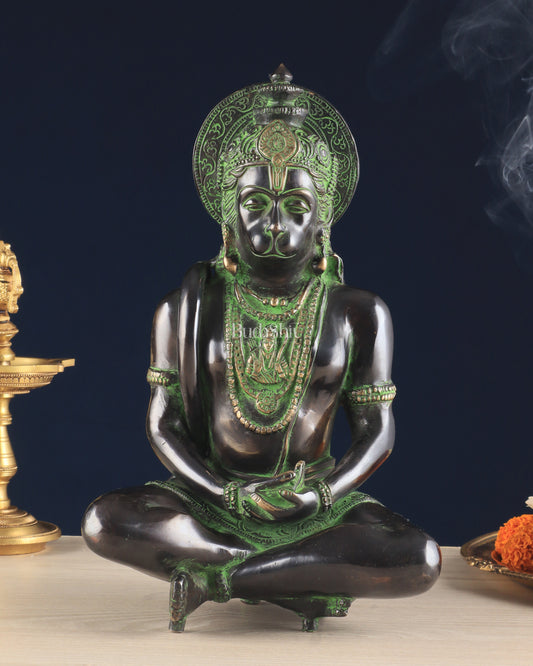 Brass Hanuman meditation idol | 11" black green