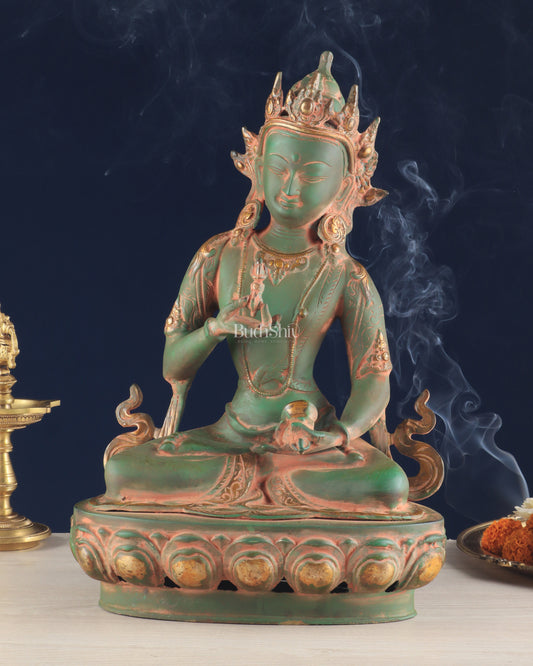 Vajrasattva, The Primordial Buddha – Antique Patina Brass Statue, 16"