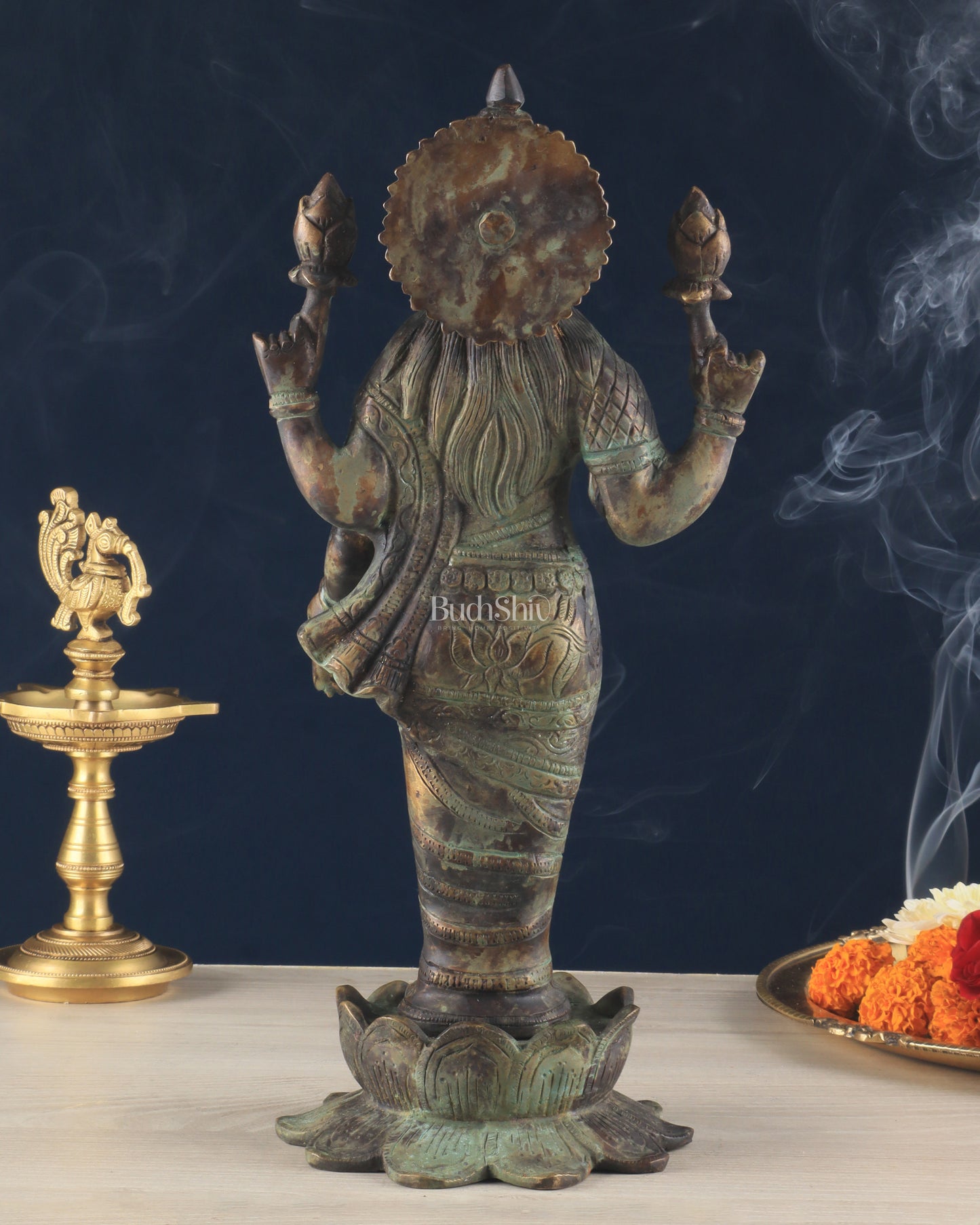 Brass Lakshmi idol standing vintage patine 16.5"