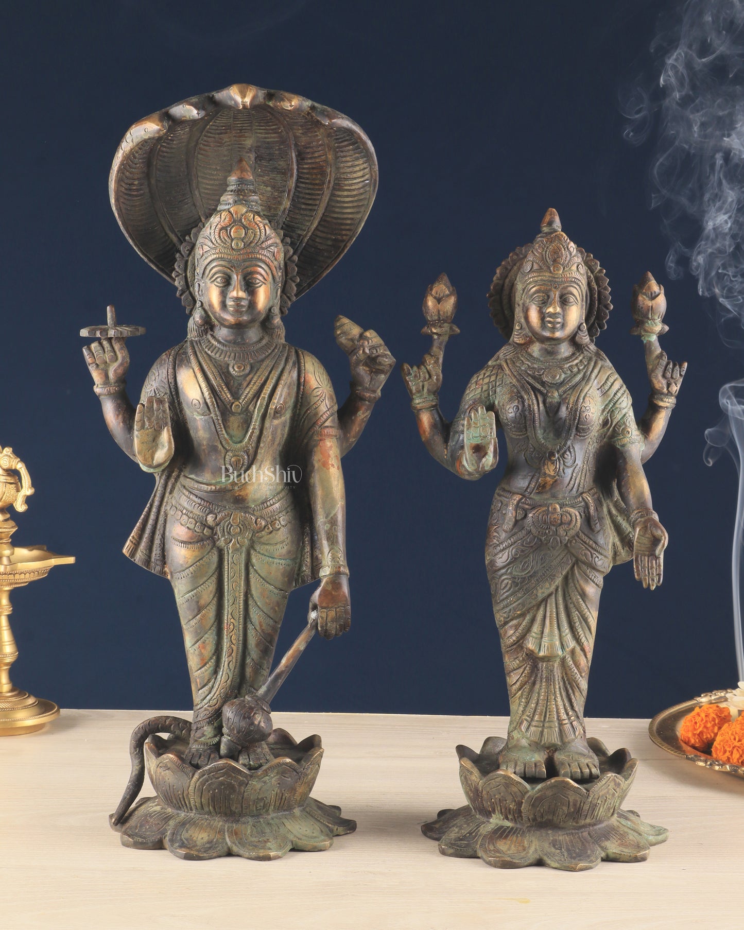 Vintage Brass Vishnu and Lakshmi idol pair 18"