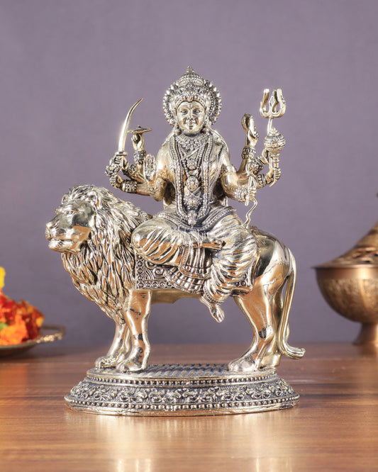 Brass Superfine Goddess Durga on Lion Idol with Base - 6.5 Inch