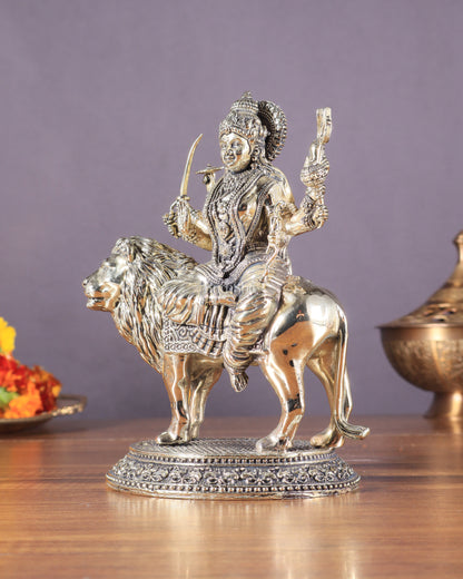 Brass Superfine Goddess Durga on Lion Idol with Base - 6.5 Inch