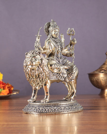 Brass Superfine Goddess Durga on Lion Idol with Base - 6.5 Inch