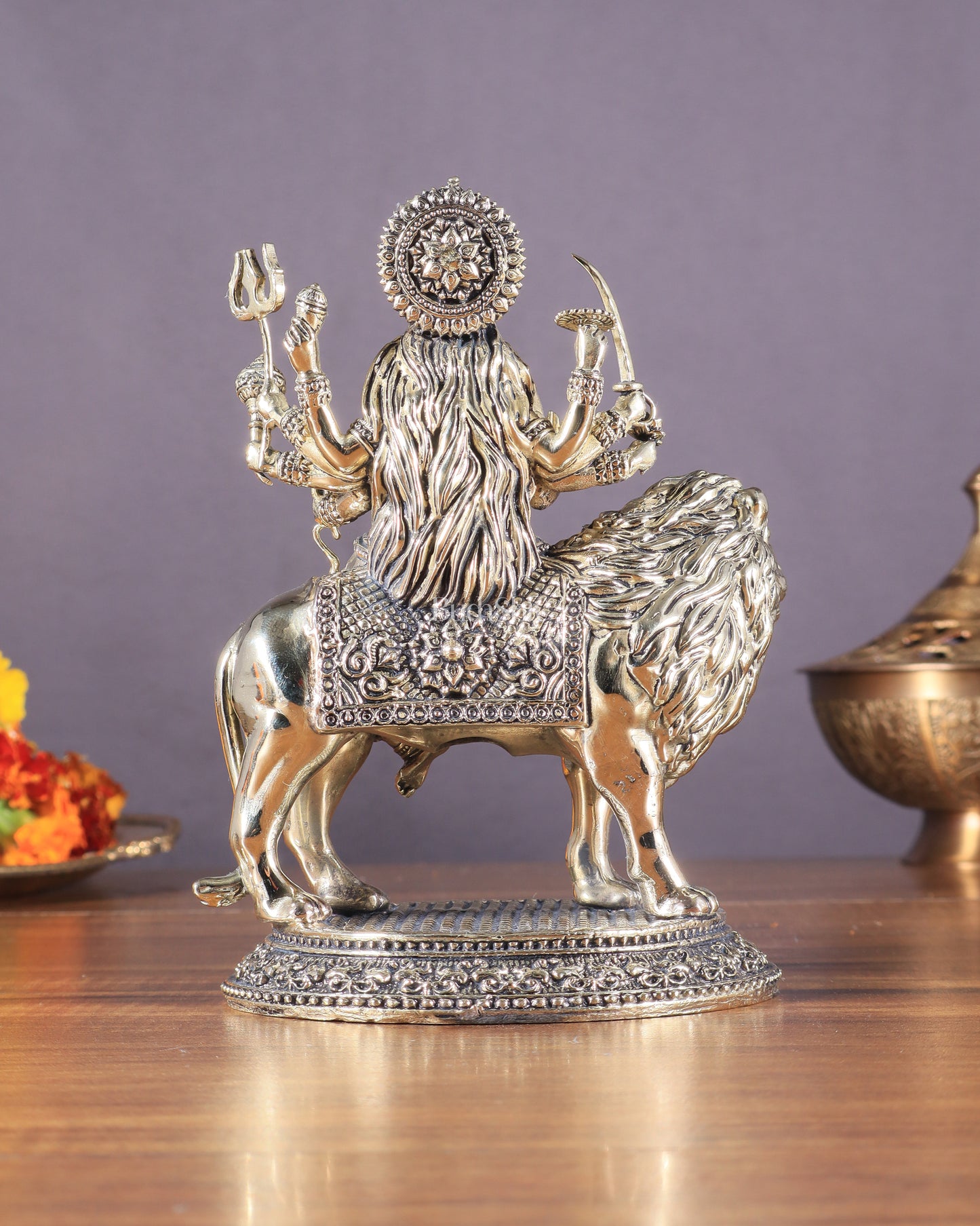 Brass Superfine Goddess Durga on Lion Idol with Base - 6.5 Inch