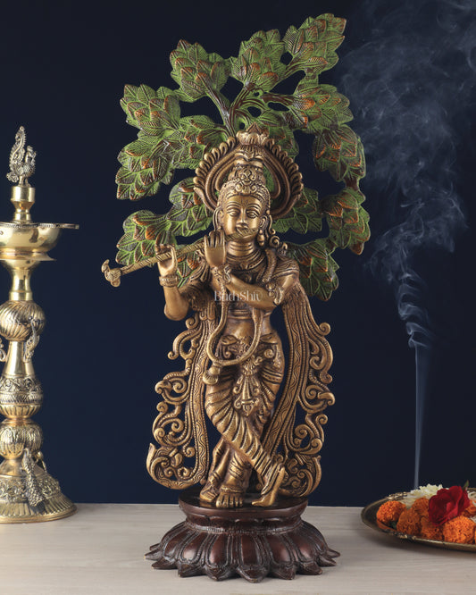 Unique Brass Lord Krishna with Kalpavriksha Tree Statue – 23" Tall, 12 kg