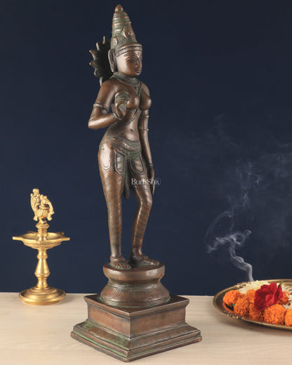 Rare Brass Standing Parvati Statue – Antique Bronze Tone with Sharp Features (20 Inches)