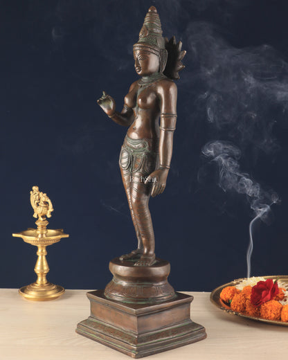 Rare Brass Standing Parvati Statue – Antique Bronze Tone with Sharp Features (20 Inches)