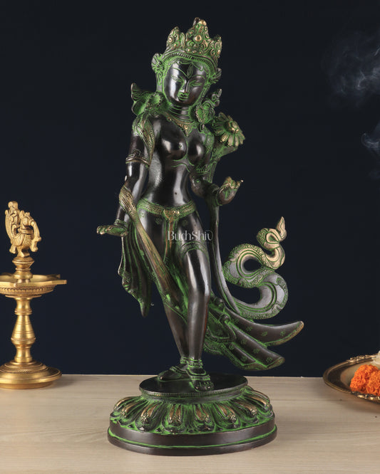 Pure Brass Tibetan Tara Devi Buddhist Goddess Idol - 15" Standing Statue