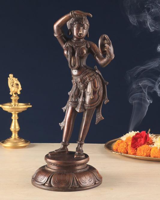 Pure Brass Vintage Apsara Statue - Mirror & Sindoor Art Sculpture (13.5 Inch,