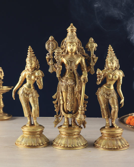 Brass Lord Vishnu with Bhudevi and Sridevi Statues – Intricate Sculptures, 13"