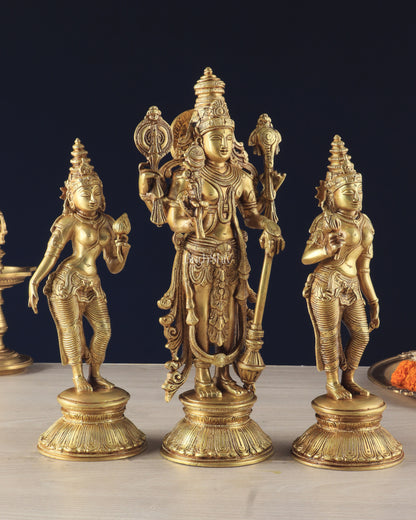 Brass Lord Vishnu with Bhudevi and Sridevi Statues – Intricate Sculptures, 13"