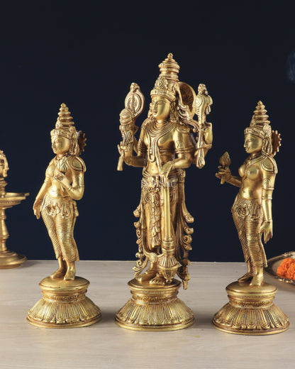 Brass Lord Vishnu with Bhudevi and Sridevi Statues – Intricate Sculptures, 13"