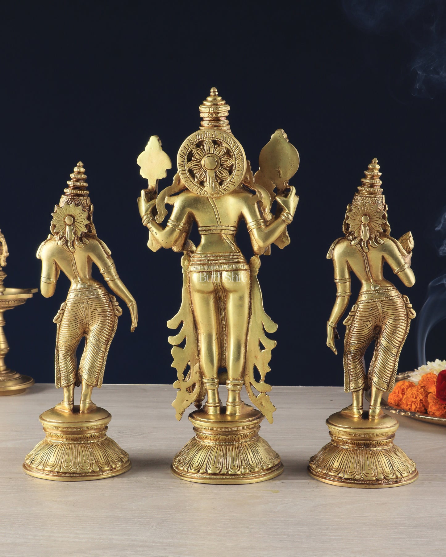 Brass Lord Vishnu with Bhudevi and Sridevi Statues – Intricate Sculptures, 13"