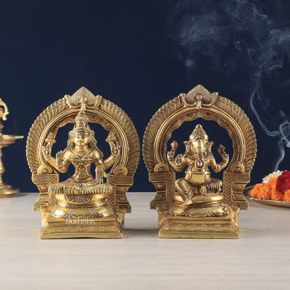 Brass Superfine Ganesh Lakshmi with Prabhavali Idol Set 9"