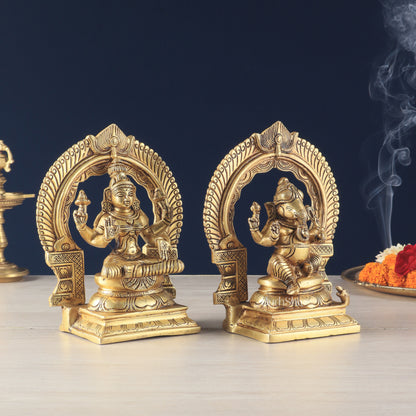 Brass Superfine Ganesh Lakshmi with Prabhavali Idol Set 9"