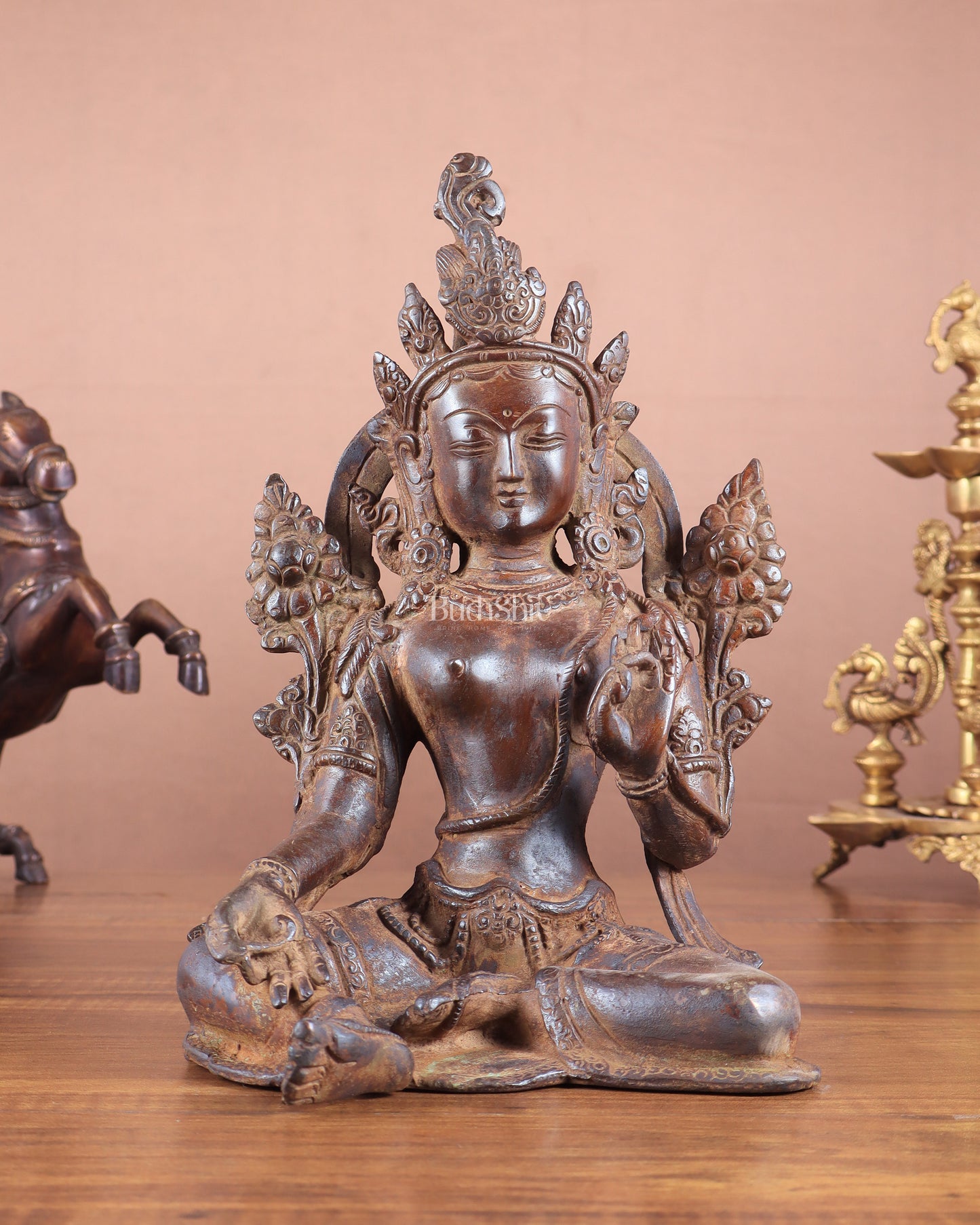 Vintage Brass Green Tara Statue – 10.5" x 7" x 6" | Exclusive Tibetan Art