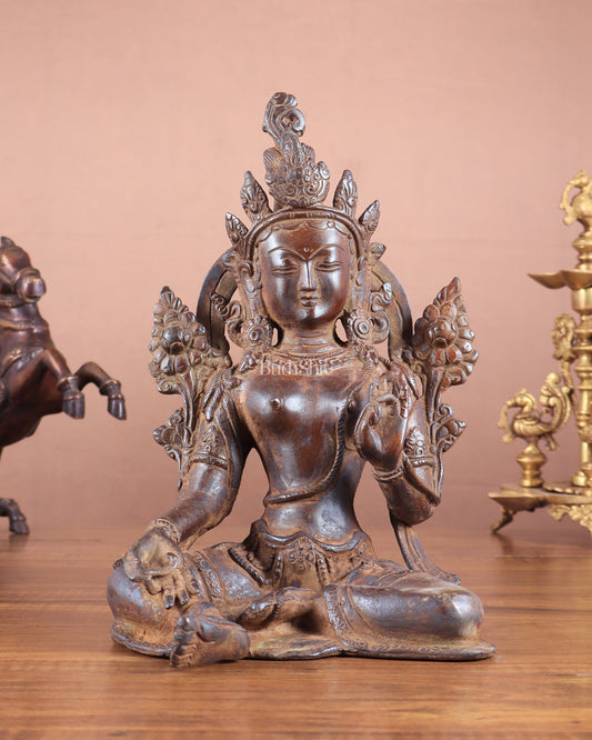 Vintage Brass Green Tara Statue – 10.5" x 7" x 6" | Exclusive Tibetan Art