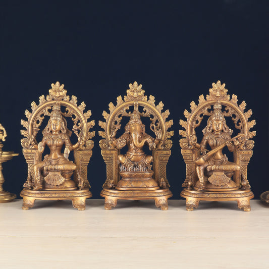 Pure Brass Ganesh, Lakshmi, Saraswati with Prabhavali Idols (Dual Tone Finish) 12"