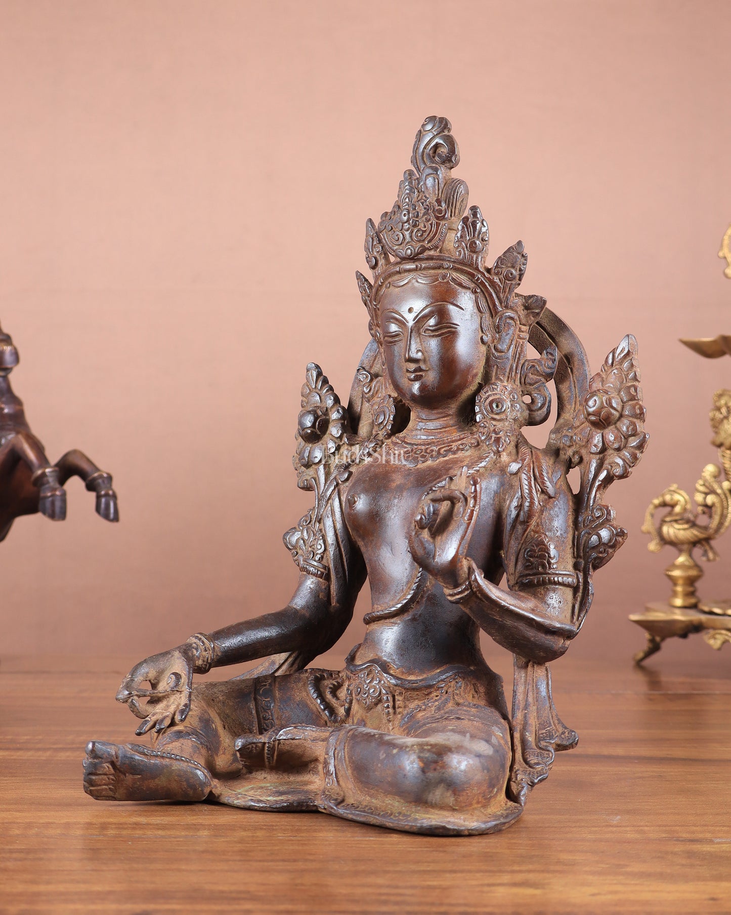 Vintage Brass Green Tara Statue – 10.5" x 7" x 6" | Exclusive Tibetan Art