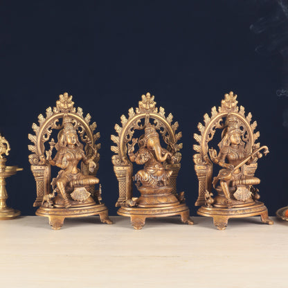 Pure Brass Ganesh, Lakshmi, Saraswati with Prabhavali Idols (Dual Tone Finish) 12"