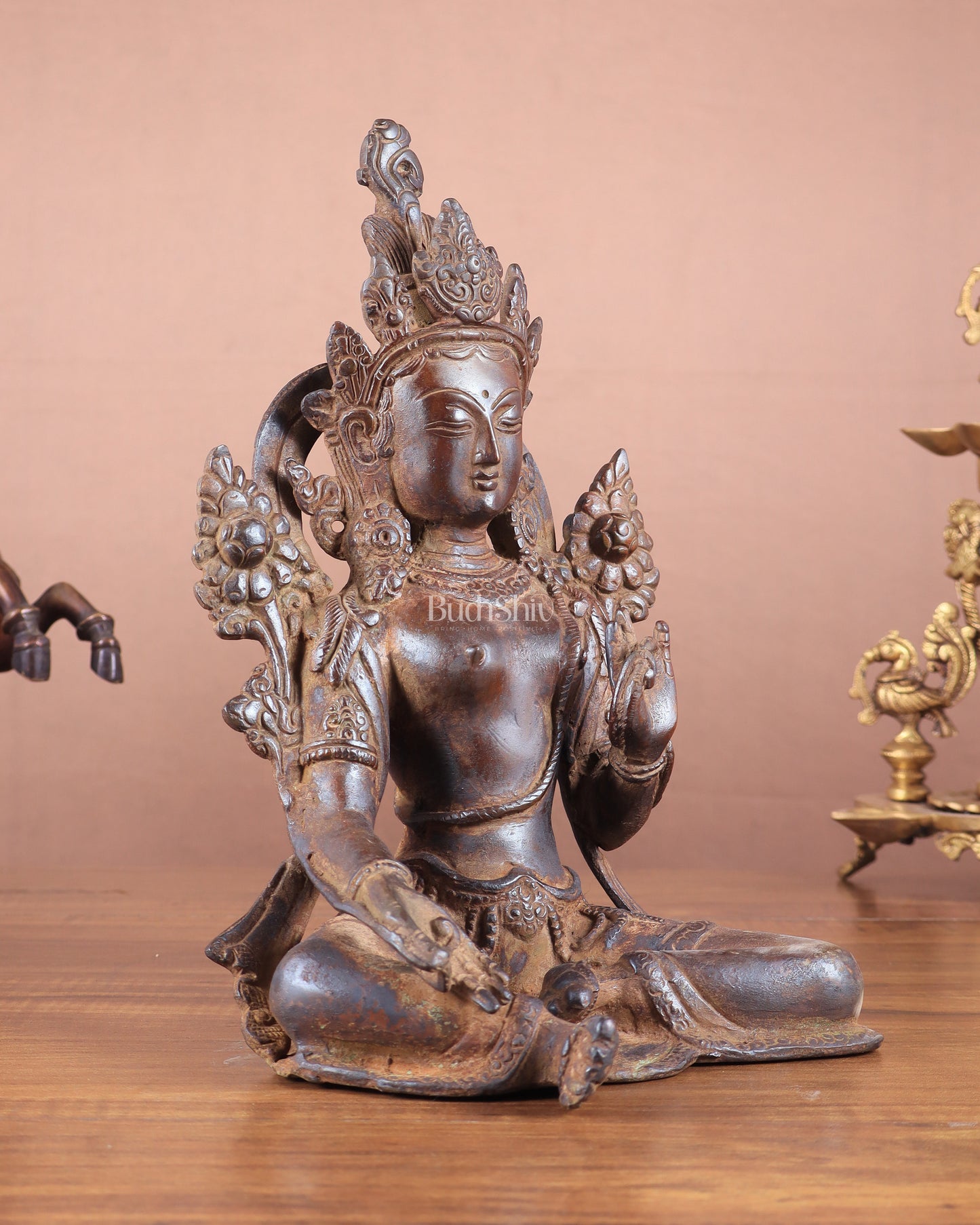 Vintage Brass Green Tara Statue – 10.5" x 7" x 6" | Exclusive Tibetan Art