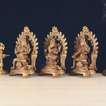 Pure Brass Ganesh, Lakshmi, Saraswati with Prabhavali Idols (Dual Tone Finish) 12"