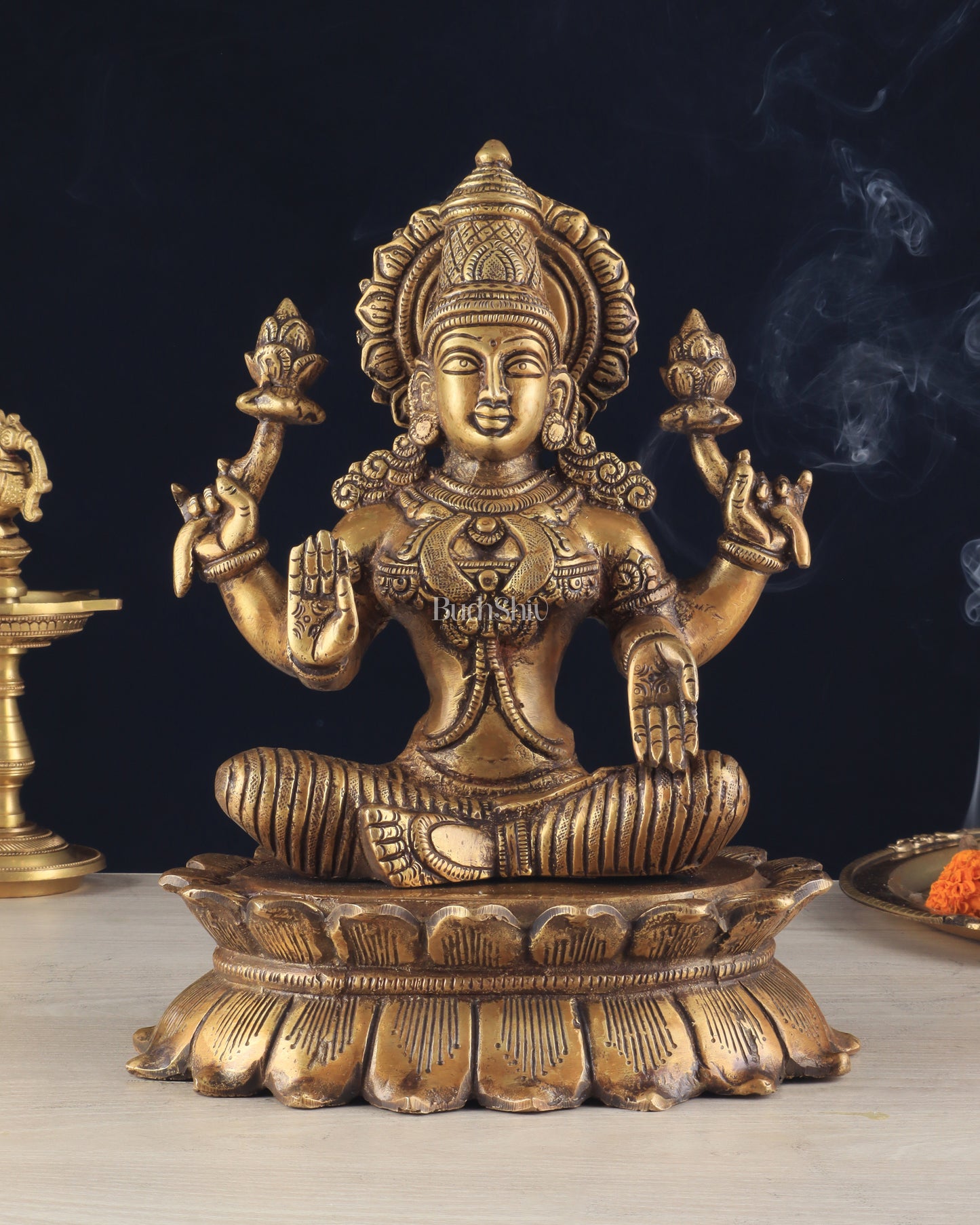 Brass Lotus Lakshmi Statue - Dull Gold Finish 12"