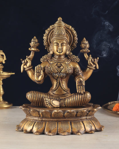 Brass Lotus Lakshmi Statue - Dull Gold Finish 12"