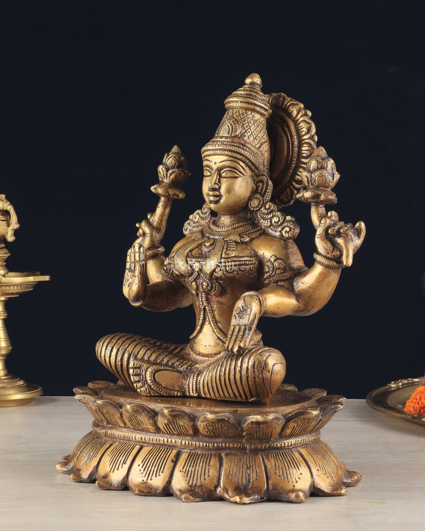 Brass Lotus Lakshmi Statue - Dull Gold Finish 12"