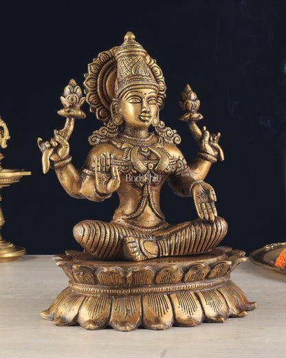 Brass Lotus Lakshmi Statue - Dull Gold Finish 12"