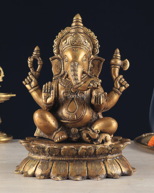 Brass Lotus Ganesha Statue - Dull Gold Finish 12"