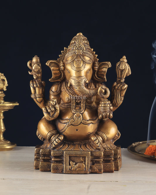 Brass Ganapati Unique Statue - Dull Gold Finish 11"