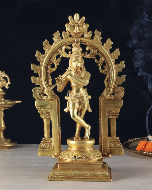 Pure Brass Lord Krishna with Celestial Aura Prabhavali Idol 12.5" golden