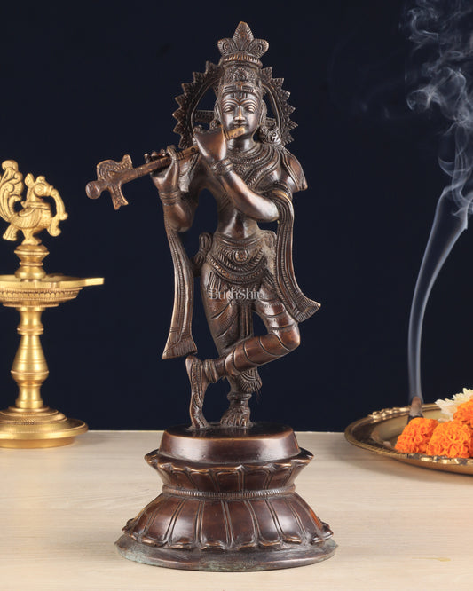 Unique Brass Lord Krishna Statue with Copper Tone – Divine Krishna Idol (11 Inches)