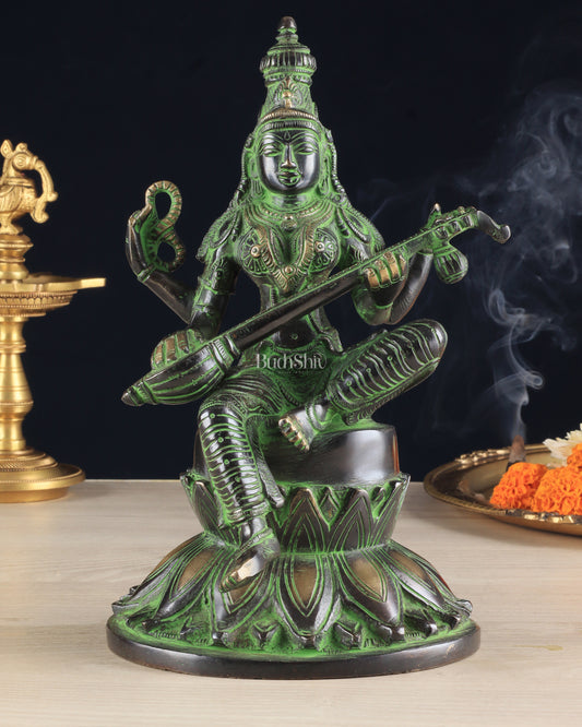 Brass Superfine Kamal Saraswati Idol - Lotus Saraswati Murti 10 Inch