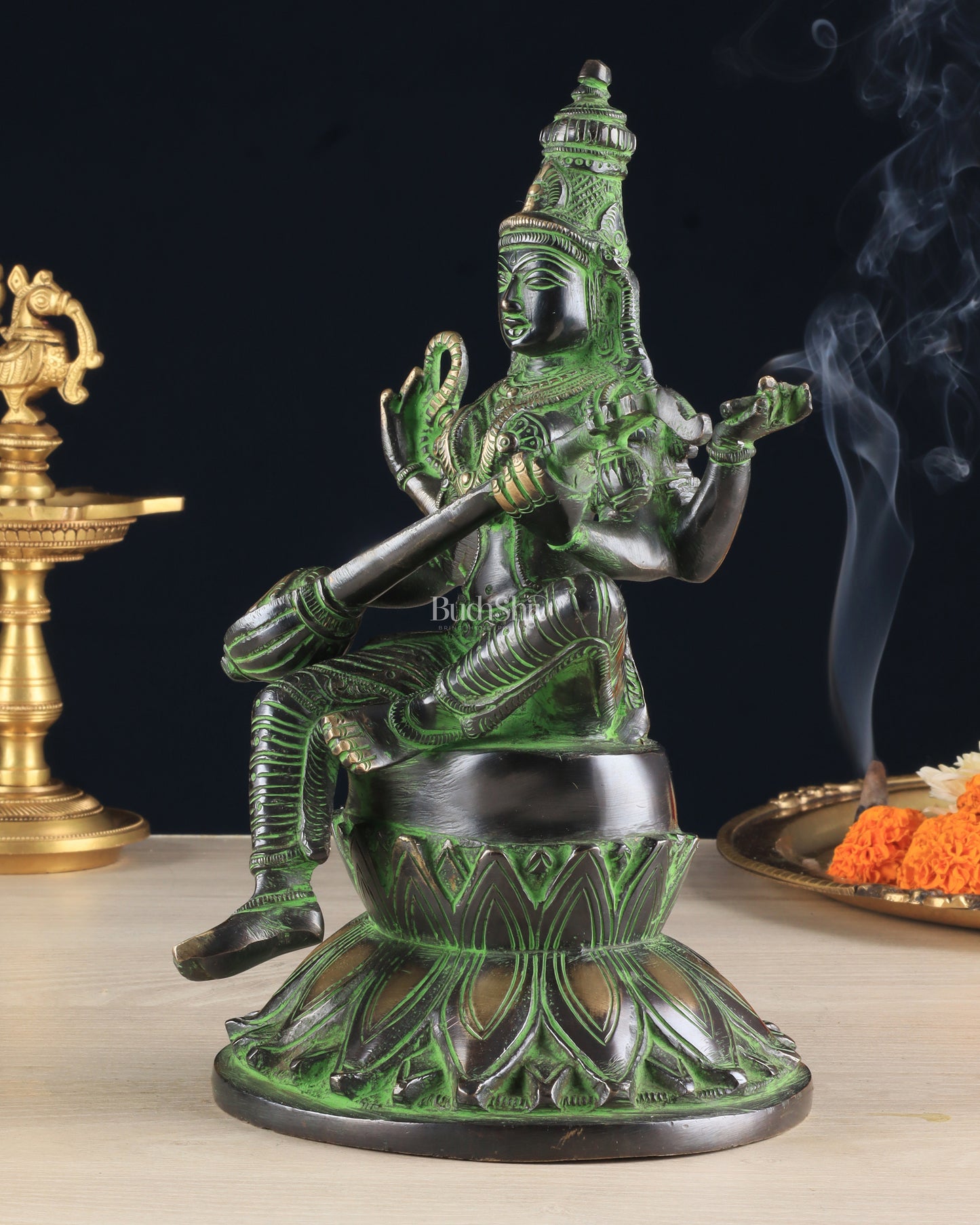 Brass Superfine Kamal Saraswati Idol - Lotus Saraswati Murti 10 Inch