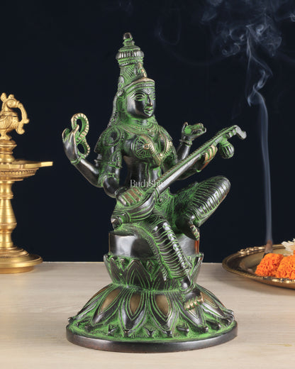 Brass Superfine Kamal Saraswati Idol - Lotus Saraswati Murti 10 Inch