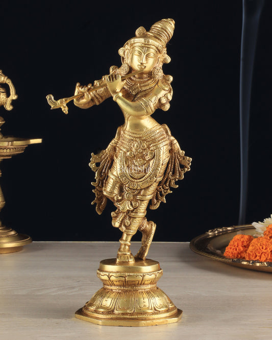 Unique Brass Krishna Statue - Sleek Design 9.5 Inches