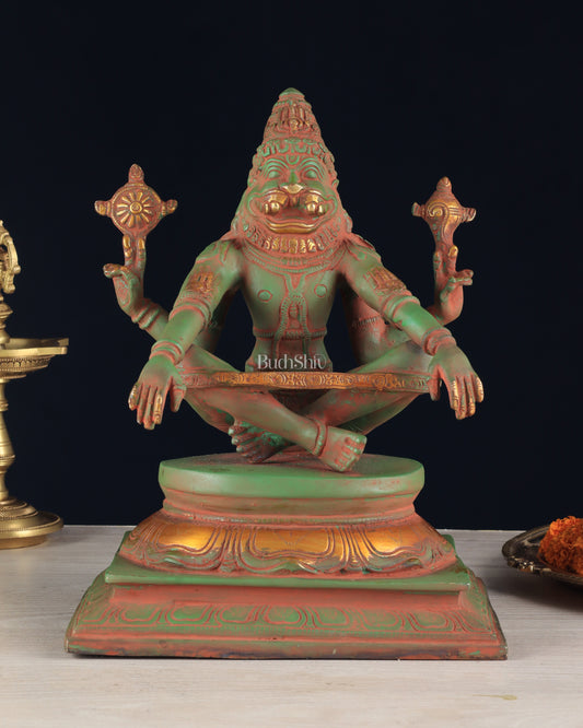 Brass Yog Narsimha Statue 11" vintage green sandstone finish