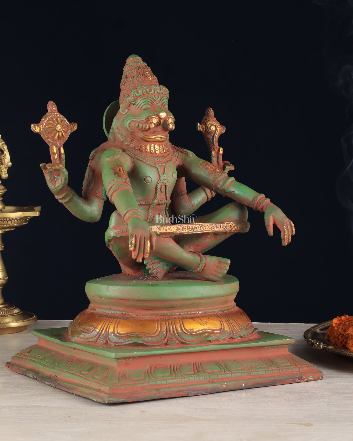 Brass Yog Narsimha Statue 11" vintage green sandstone finish