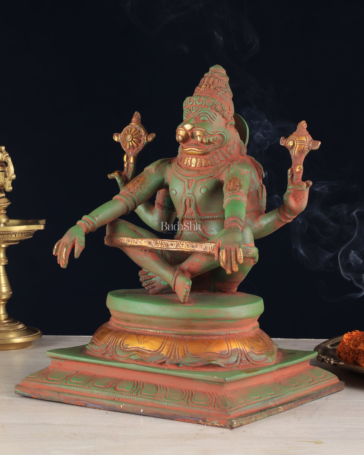 Brass Yog Narsimha Statue 11" vintage green sandstone finish