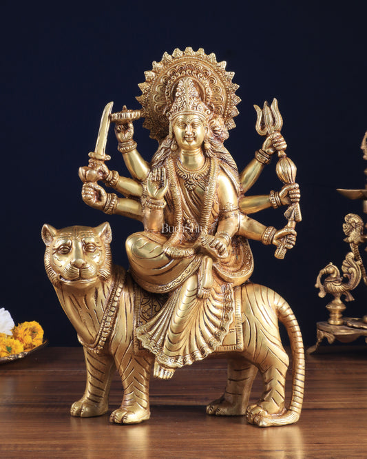 Pure Brass Goddess Durga Sherawali Mata on Tiger 12 inch