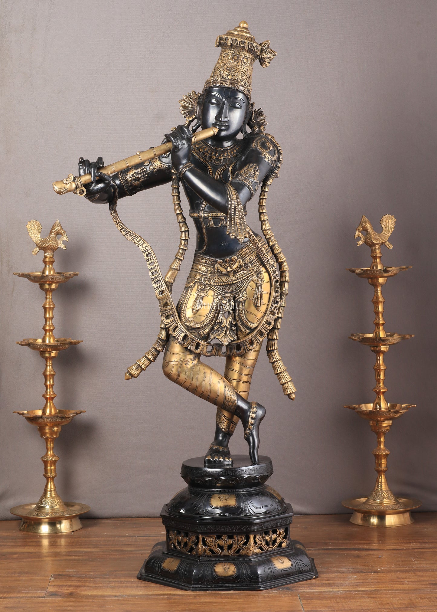 Superfine Brass Krishna Sculpture - 45 Inch Black edition