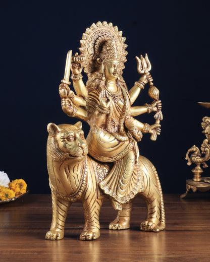 Pure Brass Goddess Durga Sherawali Mata on Tiger 12 inch