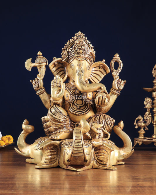 Royal Brass Lord Ganesha on Elephant Heads Aasan – 12.5" x 10" x 9" | Majestic Sculpture