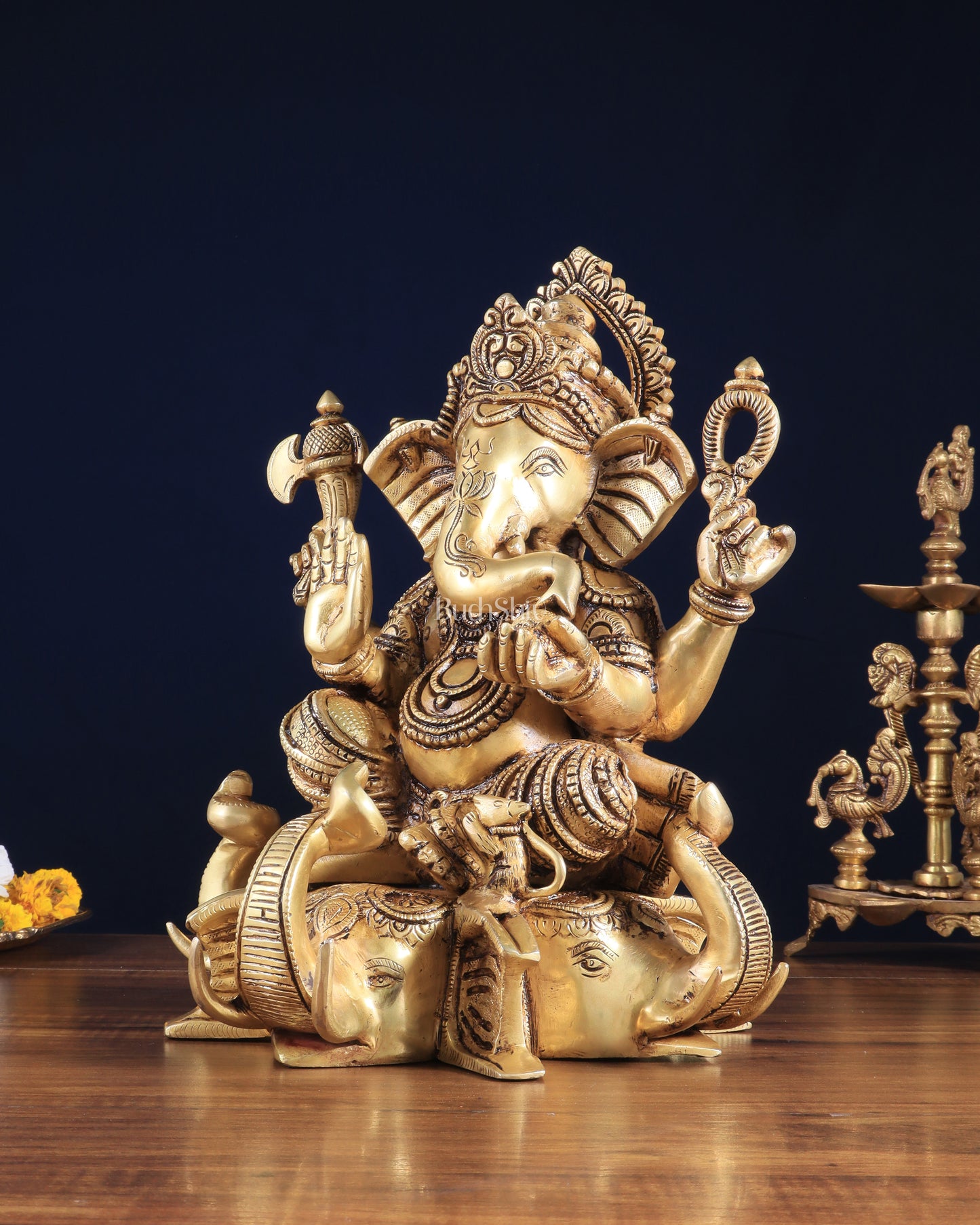 Royal Brass Lord Ganesha on Elephant Heads Aasan – 12.5" x 10" x 9" | Majestic Sculpture